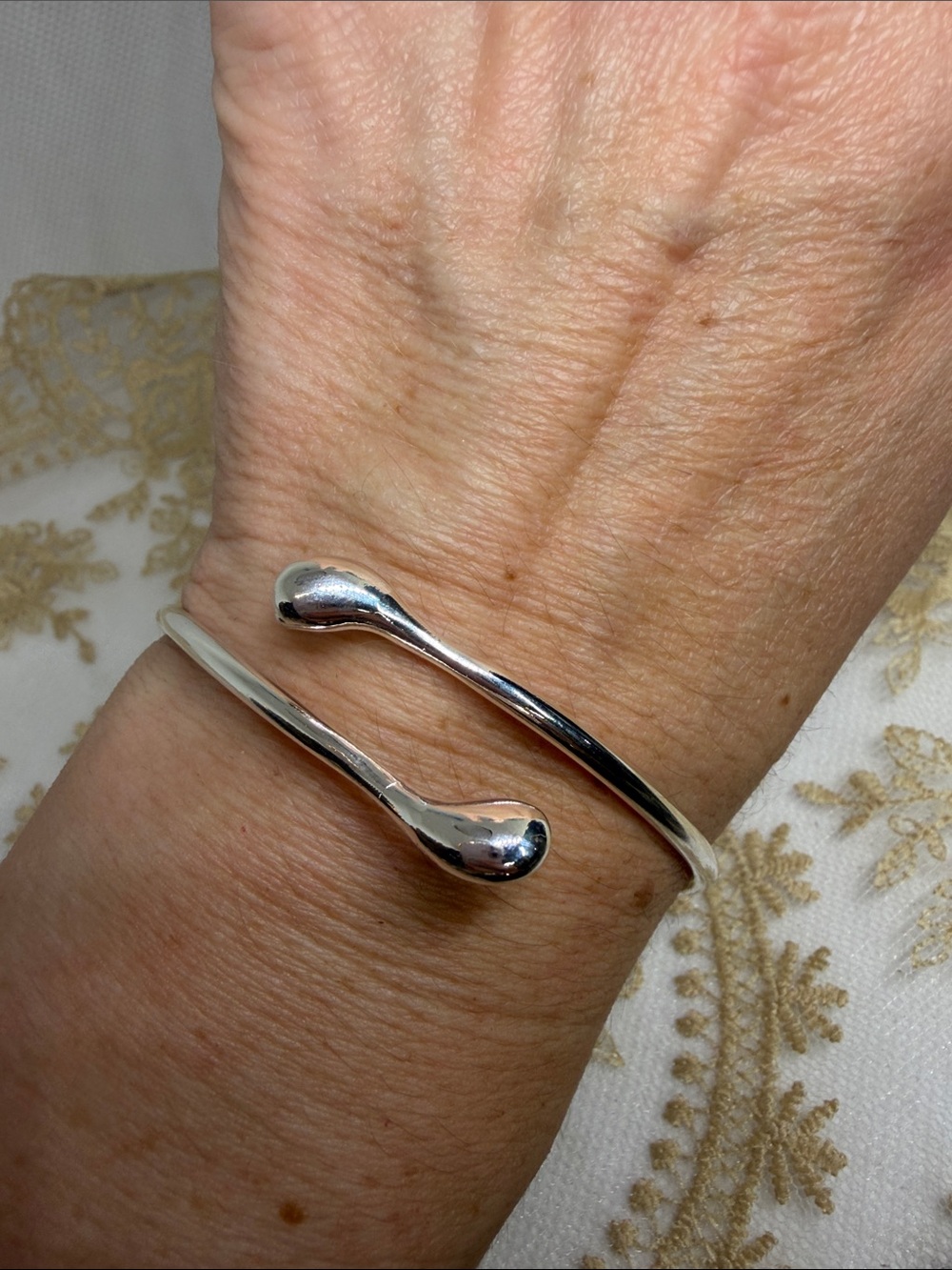 925 Sterling Silver Water Drop Open Cuff Bangle Adjustable Modern Bracelet